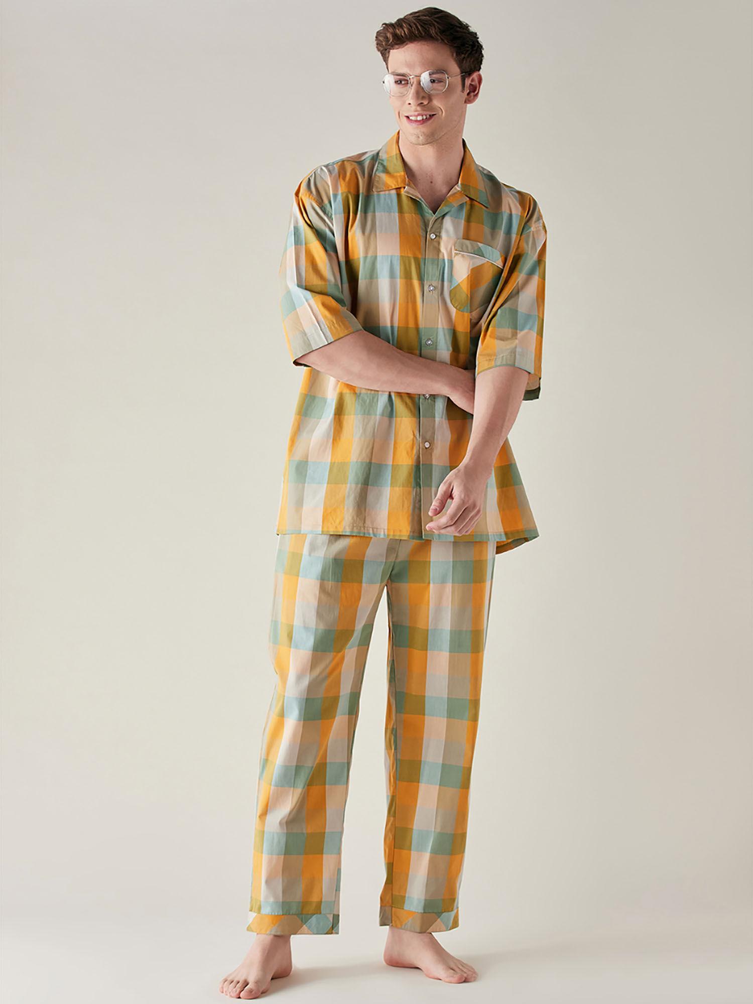 yellow & green checks cotton pyjama yellow (set of 2)