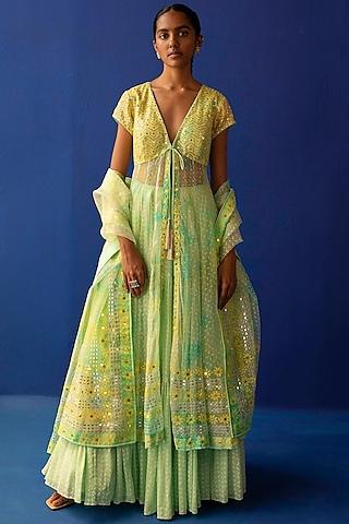 yellow & green embroidered anarkali set