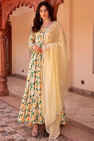 yellow & green rayon embroidered anarkali set