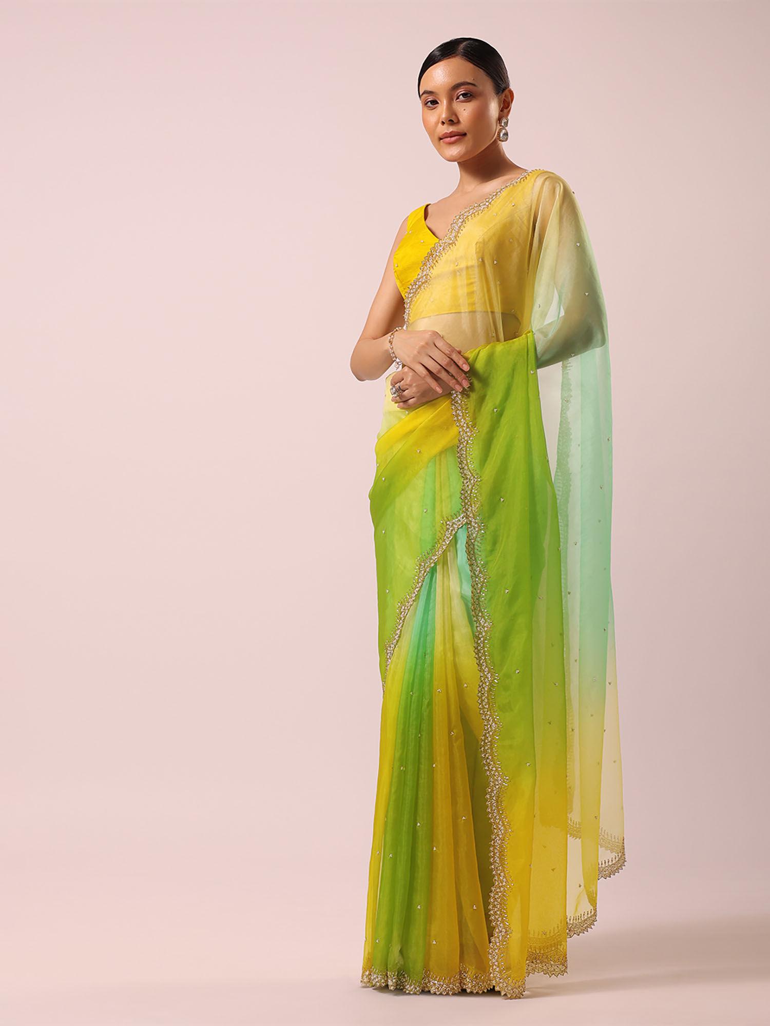 yellow & green shaded ombre saree with unstitched blouse