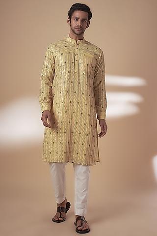 yellow & green viscose silk abstract printed kurta set