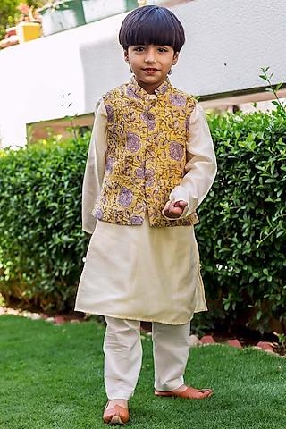 yellow & grey chanderi hand block printed waistcoat for boys