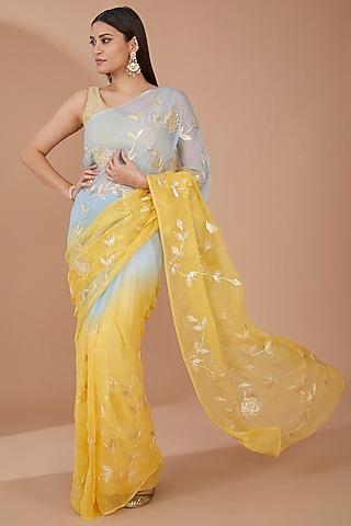 yellow & grey chiffon gota embroidered handcrafted saree set