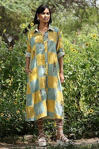 yellow & grey cotton double gauze hand block printed shirt dress