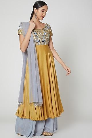 yellow & grey embroidered anarkali set