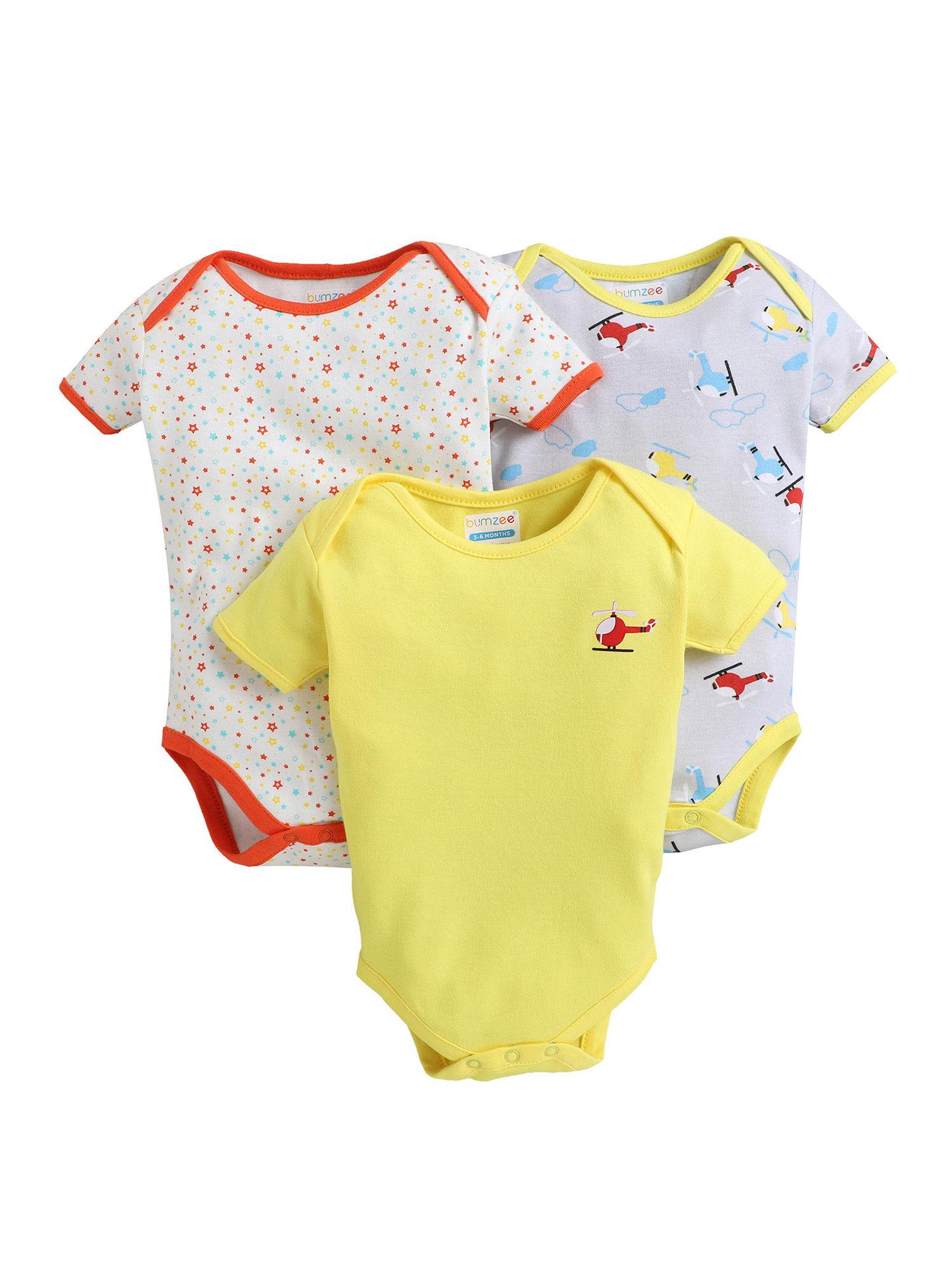 yellow & grey half sleeve baby boys bodysuit (pack of 3)