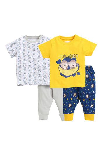 yellow & grey half sleeve baby boys t-shirt & pajama (set of 4)