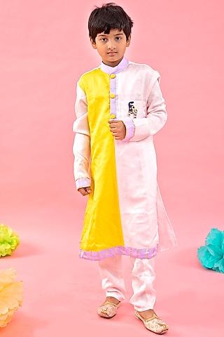 yellow & light pink embroidered kurta set for boys