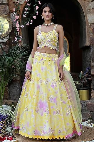 yellow & lilac silk hand embroidered tie-dye lehenga set