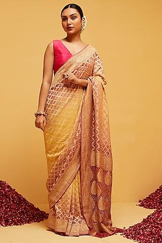 yellow & magenta georgette banarasi bandhani saree