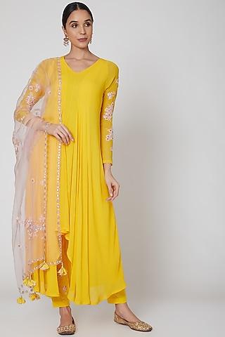 yellow & mauve embroidered kurta set