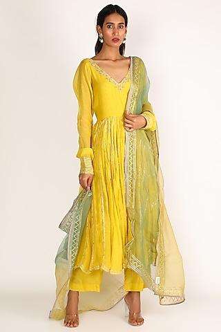 yellow & mint embroidered anarkali set