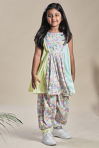 yellow & mint green cotton satin tropical printed kurta set for girls