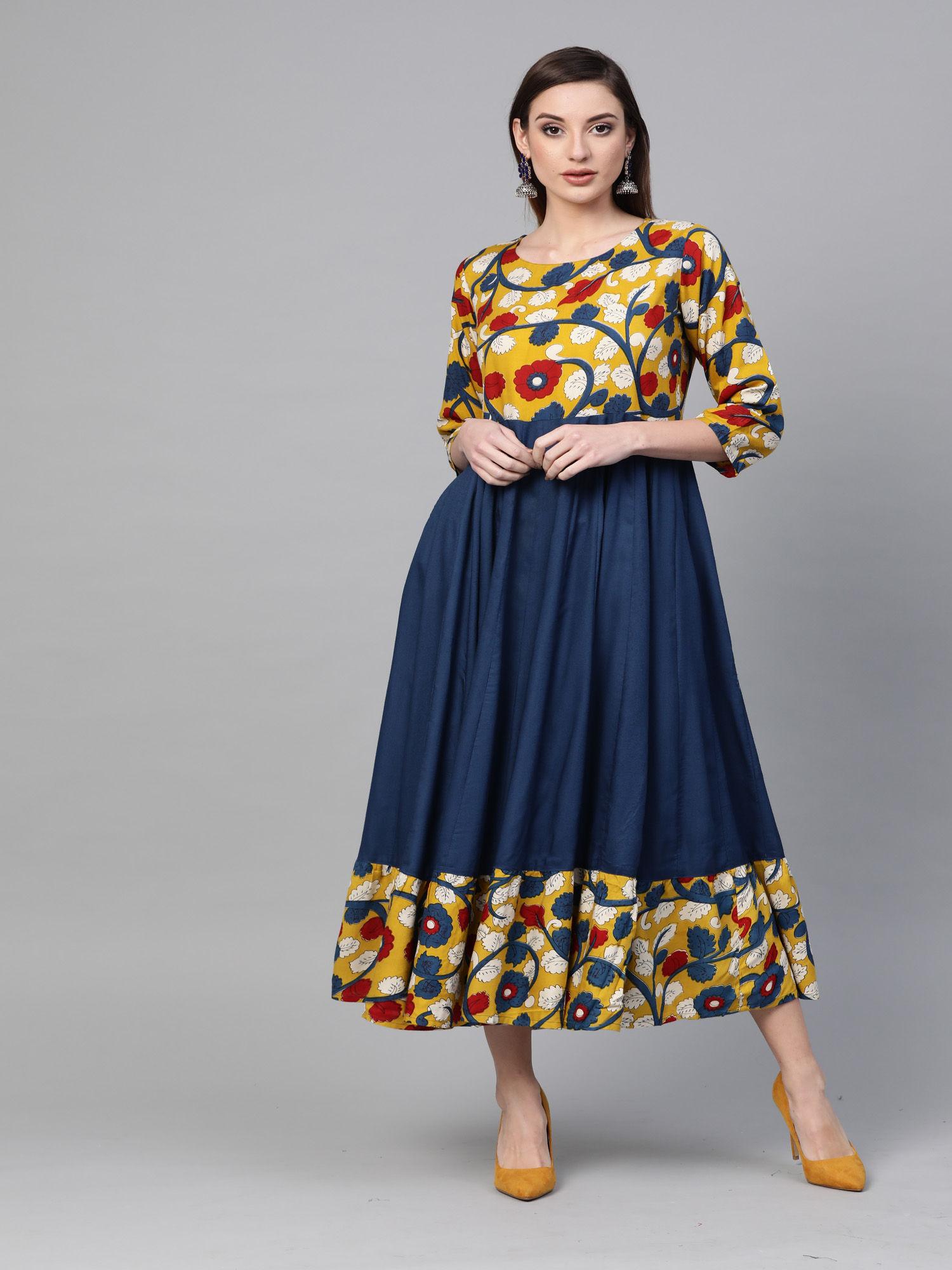 yellow & navy blue kalamkari hand block printed rayon dress