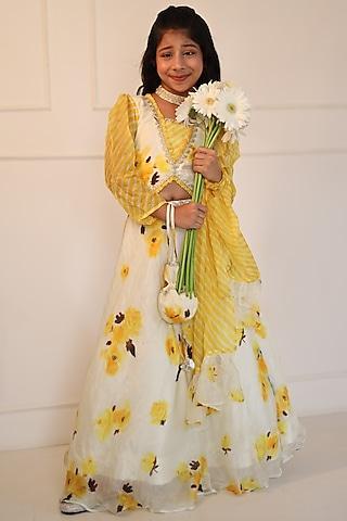 yellow & off-white floral printed lehenga set for girls