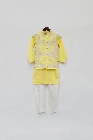 yellow & off white kurta set with jacket for boys