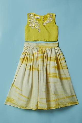 yellow & off-white shibori printed lehenga set for girls