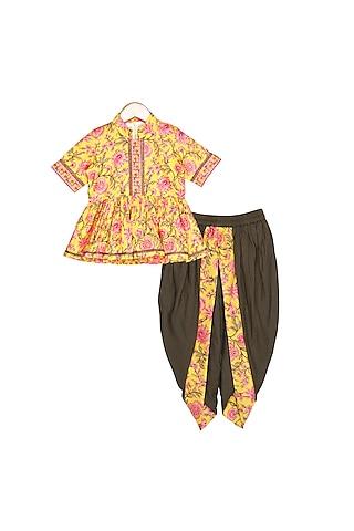 yellow & olive green printed & embroidered dhoti set for girls