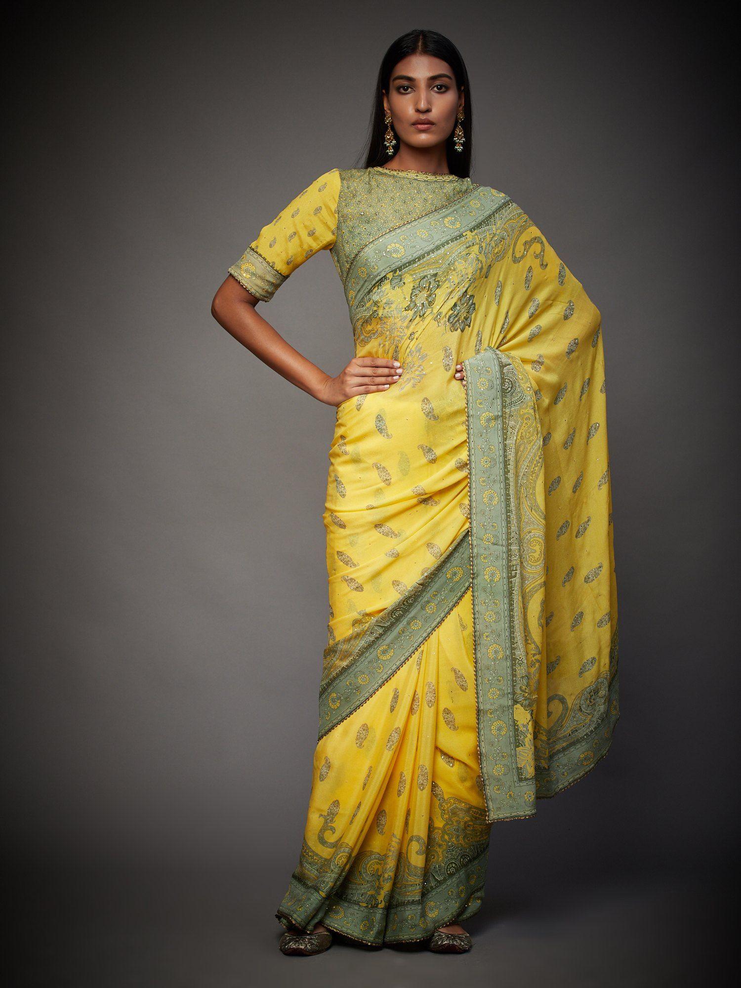 yellow & olive navishtha embroidered saree with unstitched blouse