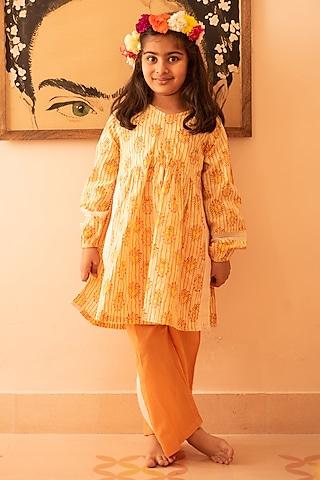 yellow & orange cotton hand block printed co-ord set for girls