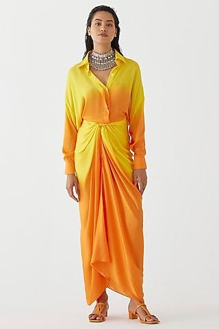 yellow & orange vegan silk hand-dyed draped shirt dress