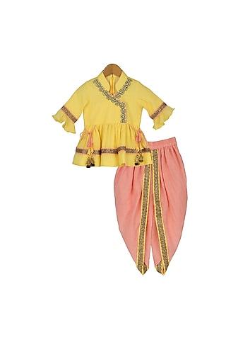 yellow & peach dhoti set with tassels for girls