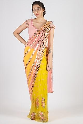 yellow & peach embroidered pre-stitched saree set