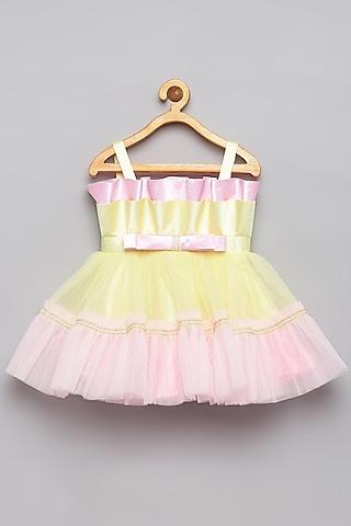 yellow & pin satin pleated dress for girls