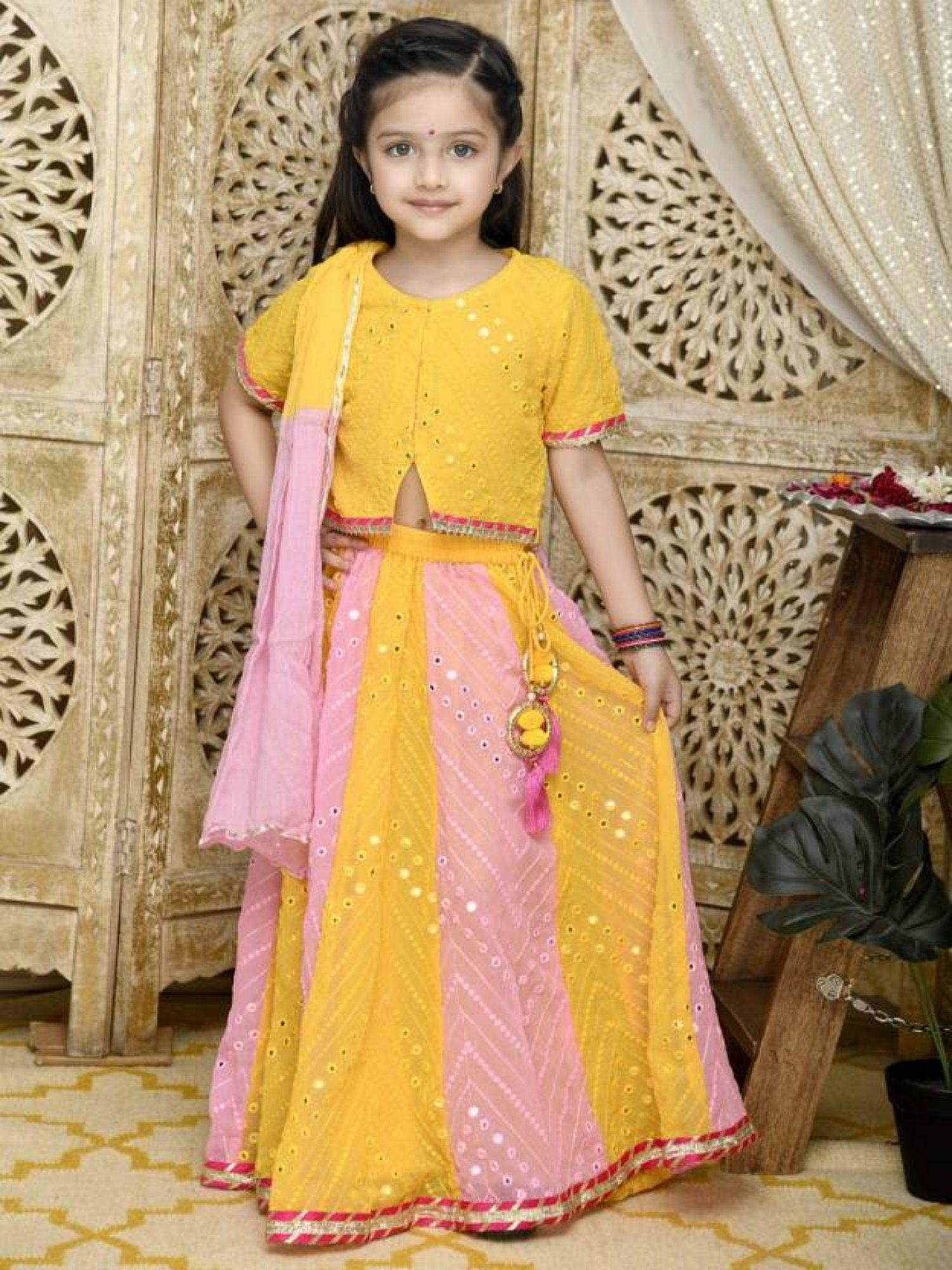 yellow & pink all over embroidered lehenga choli with tassels (set of 3)