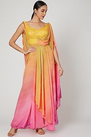 yellow & pink embellished draped kurta set
