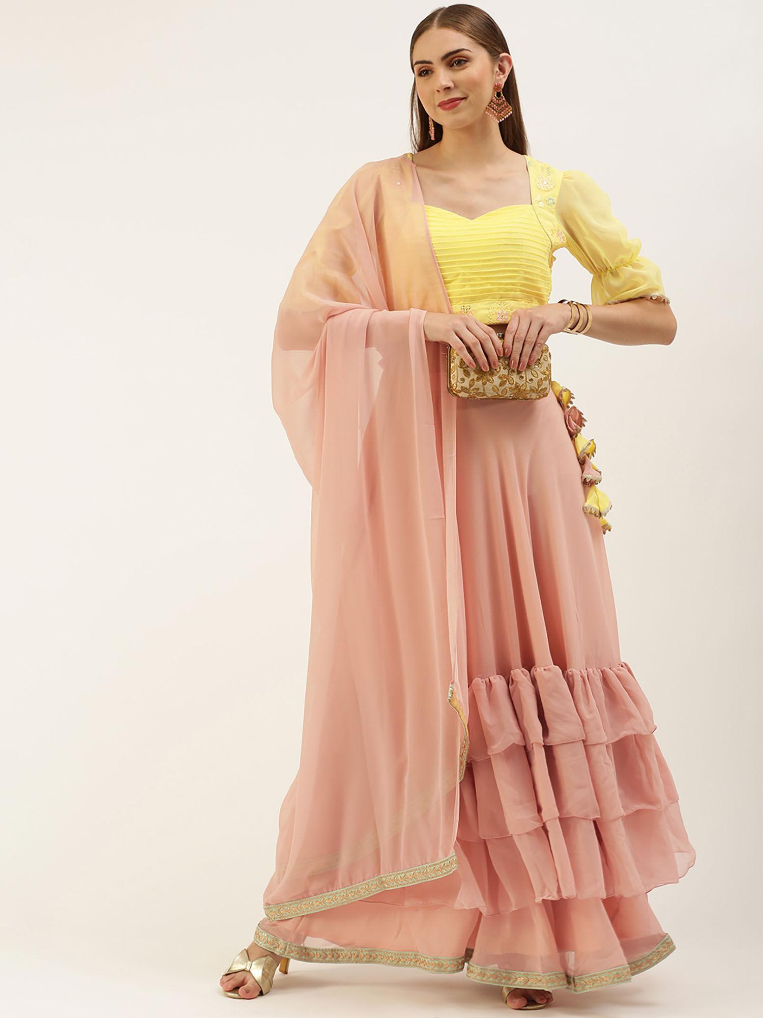 yellow & pink embroidered layered blouse lehenga with dupatta (set of 3)