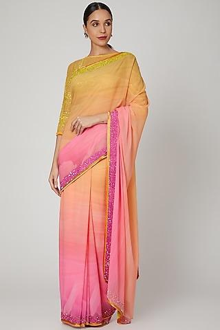 yellow & pink flat chiffon tulle digital printed saree set