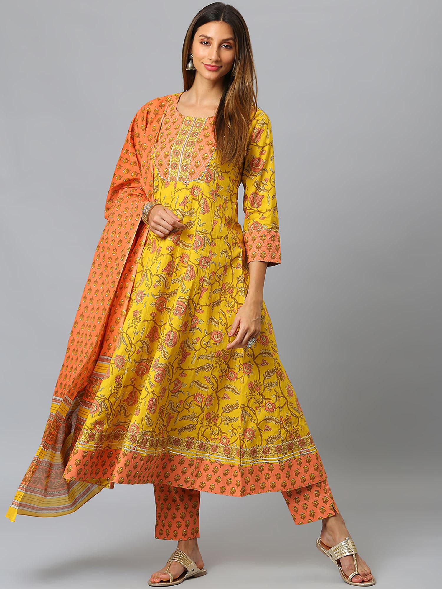 yellow & pink geometric printed straight kurta with trousers & printed dupatta (set of 3)