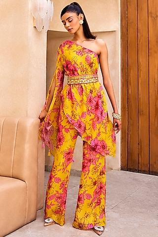 yellow & pink georgette floral printed one-shoulder kurta set