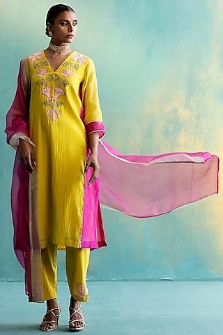 yellow & pink handwoven chanderi embroidered kurta set