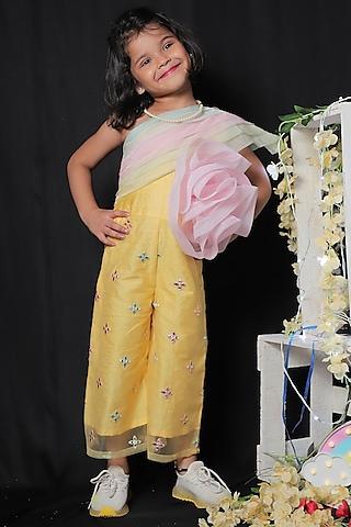 yellow & pink off-shoulder jumpsuit for girls