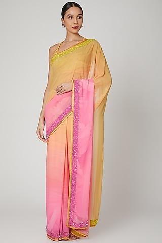 yellow & pink printed & embroidered saree set