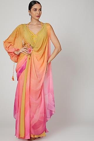 yellow & pink printed concept saree set
