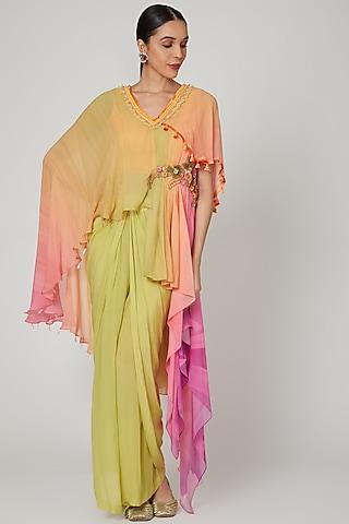 yellow & pink printed draped kurta set
