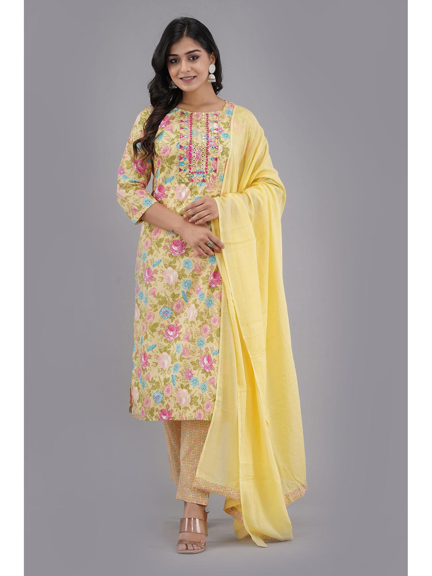 yellow & pink yoke mirror work kurta with pant & dupatta (set of 3)