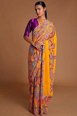 yellow & purple printed saree set