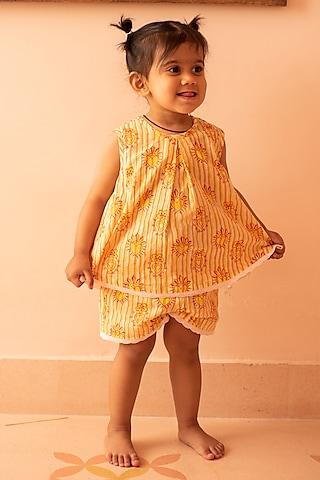 yellow & red cotton hand block printed co-ord set for girls
