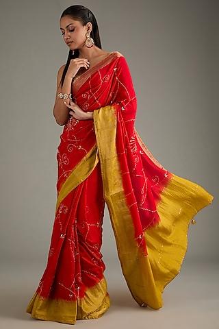 yellow & red dola silk hand embroidered banarasi saree set