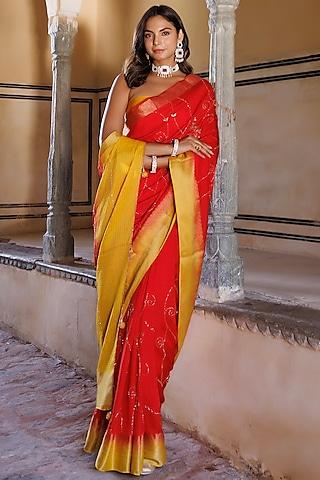 yellow & red dola silk hand embroidered shaded banarasi saree set