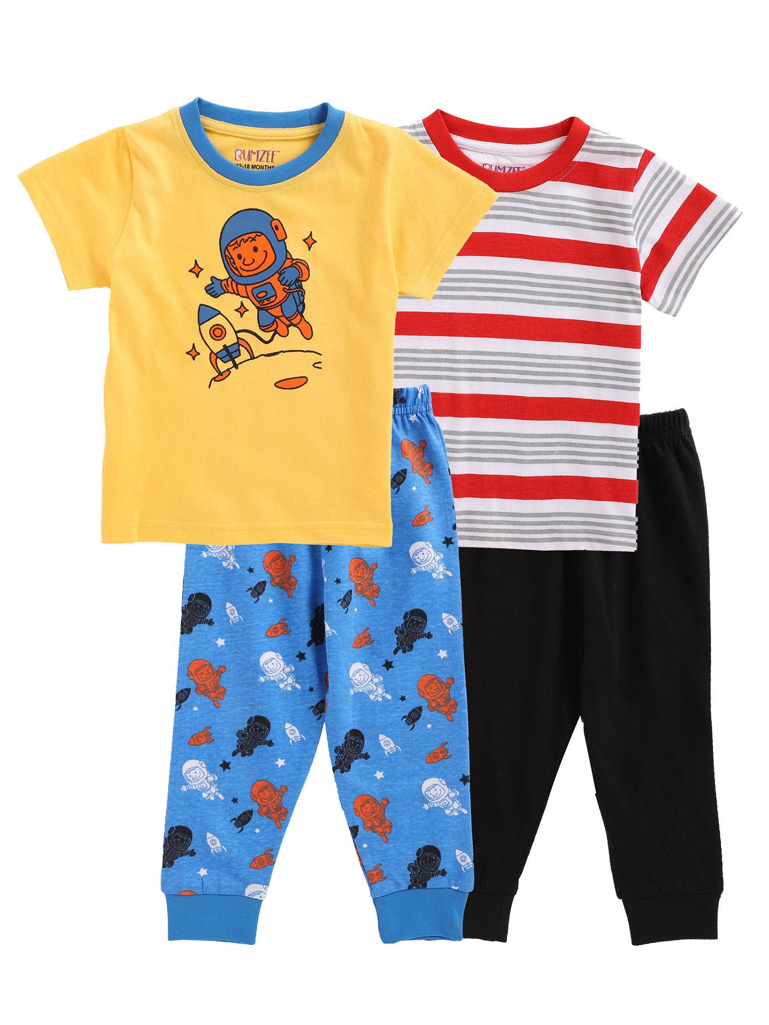 yellow & red half sleeve baby boys t-shirt & pajama (set of 4)