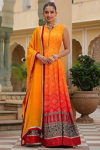 yellow & red ombre cotton silk printed & embellished anarkali set