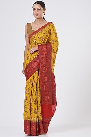 yellow & red pure chiffon handloom saree set