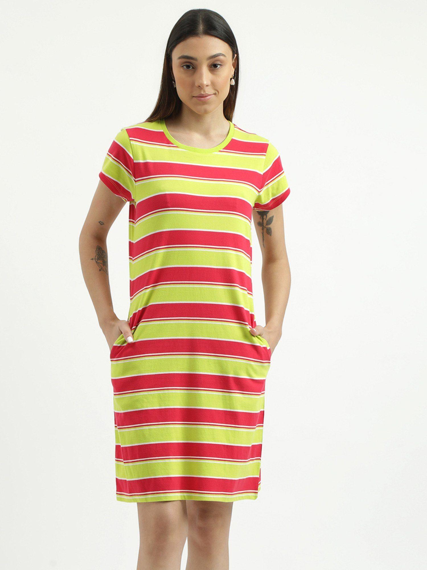 yellow & red regular fit round neck striped dress