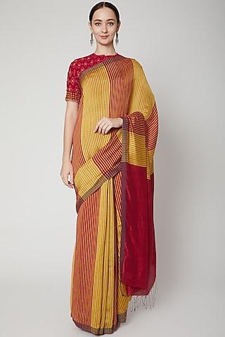 yellow & red striped saree set