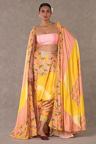yellow & rose pink raw silk cape set